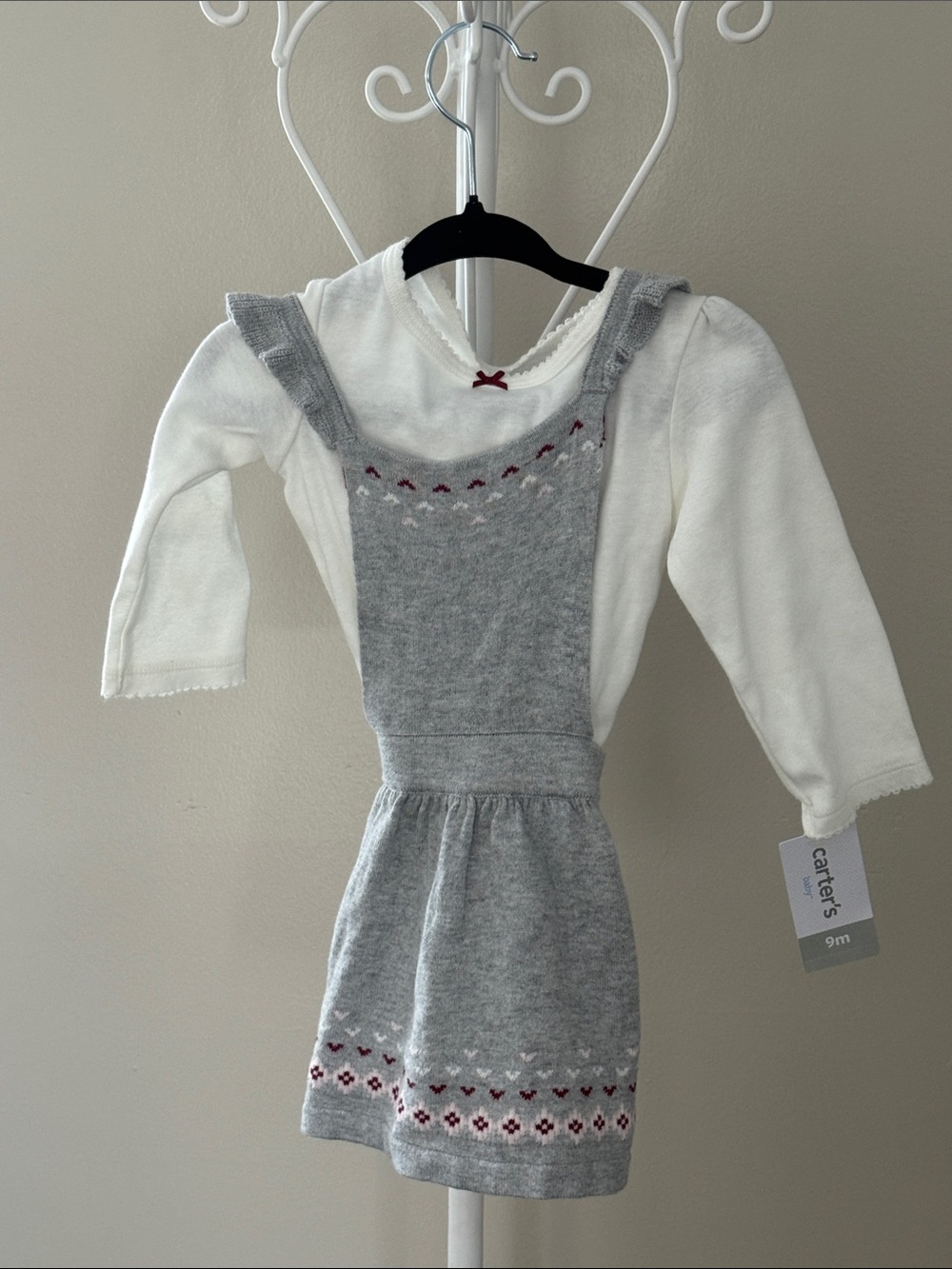 Carter's Gray Knit Pinafore Dress with White Top and Burgundy Accents